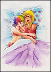 Size: 2295x3237 | Tagged: safe, artist:killa7, applejack, rainbow dash, human, g4, cuddling, eyes closed, female, freckles, high res, hug, humanized, lesbian, on side, open mouth, ship:appledash, shipping, sleeping, snuggling