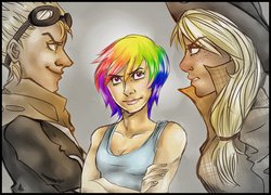 Size: 3499x2516 | Tagged: safe, artist:killa7, applejack, gilda, rainbow dash, human, g4, female, high res, humanized, lesbian, ship:appledash, ship:gildash, shipping