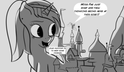 Size: 2940x1708 | Tagged: safe, artist:cosmonaut, princess luna, oc, oc:marina fae, alicorn, pony, unicorn, ask marina fae, g4, ask, canterlot, canterlot castle, giant pony, giant unicorn, giantess, macro, monochrome, sundown, tumblr