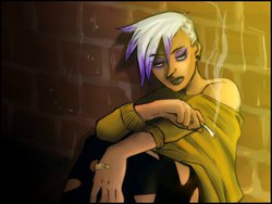 Size: 1024x771 | Tagged: safe, artist:killa7, gilda, human, g4, bandage, cigarette, clothes, earring, humanized, off shoulder, smoking