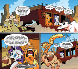 Size: 1400x1239 | Tagged: safe, idw, official comic, angus mcsteer, applejack, doc holstein, rarity, the stranger, bull, earth pony, pony, unicorn, friends forever #8, g4, my little pony: friends forever, spoiler:comic, female, male, mare, nose in the air, ponies riding bulls, riding, stagecoach, stallion