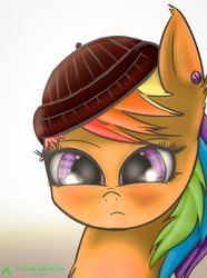 Size: 1200x1617 | Tagged: dead source, safe, artist:allyster-black, scootaloo, g4, beanie, blushing, bust, cute, dyed mane, ear fluff, ear piercing, earring, eyelashes, female, fluffy, frown, hat, looking at you, piercing, portrait, rainbow hair, rebellious teen, solo