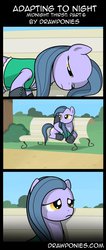 Size: 583x1371 | Tagged: safe, artist:drawponies, artist:terminuslucis, oc, oc only, oc:midnight thirst, earth pony, pony, comic:adapting to night, comic:adapting to night: midnight thirst, bench, comic, park