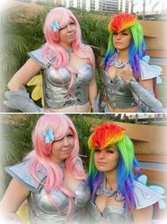 Size: 652x877 | Tagged: safe, artist:flyawayskyx3, artist:ladymella, fluttershy, rainbow dash, human, g4, the crystal empire, armor, armor skirt, clothes, cosplay, crystal guard armor, irl, irl human, photo, skirt