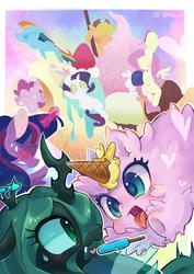 Size: 1476x2085 | Tagged: safe, artist:akamei, applejack, fluttershy, pinkie pie, queen chrysalis, rainbow dash, rarity, twilight sparkle, oc, oc:fluffle puff, alicorn, pony, g4, female, ice cream, mane six, mare, pixiv, twilight sparkle (alicorn)