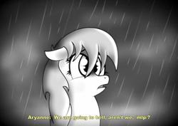 Size: 1024x724 | Tagged: safe, oc, oc only, oc:aryanne, black and white, cloud, cloudy, cross-eyed, dub, floppy ears, frown, grayscale, monochrome, rain, sad, solo, the saboteur, wet, wet mane, worried