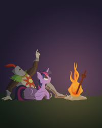 Size: 500x625 | Tagged: safe, artist:crack javelin, twilight sparkle, g4, armor, crossover, dark souls, fanfic, fanfic art, fanfic cover, fire, night, pointing, solaire of astora