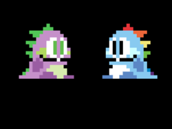 Size: 400x300 | Tagged: safe, artist:thegreatmewtwo, rainbow dash, spike, g4, 8-bit, arcade, bob, bobblun, bobby, bub, bubble bobble, bubblun, bubby, new rainbow dash, pixel art, square enix, taito, video game