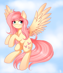 Size: 2300x2700 | Tagged: safe, artist:sirinsta, fluttershy, pegasus, pony, g4, female, flying, high res, mare, sky, smiling, solo