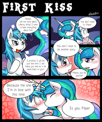 Size: 1300x1544 | Tagged: safe, artist:vavacung, princess celestia, oc, oc:paper mache, pony, comic:to love god - to love mortal, g4, blushing, canon x oc, comic, crying, female, kissing, lesbian, mare, open mouth, smiling, sweat