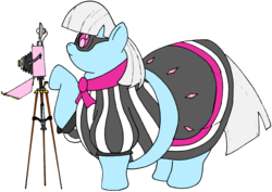 Size: 2834x2003 | Tagged: safe, artist:fatponysketches, photo finish, earth pony, pony, g4, belly, camera, clothes, dress, fat, female, glasses, high res, obese, simple background, solo, transparent background, tripod