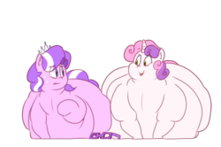 Size: 838x558 | Tagged: safe, artist:secretgoombaman12345, diamond tiara, sweetie belle, earth pony, pony, unicorn, ask chubby diamond, g4, belly, chubby cheeks, chubby diamond, double chin, fat, glasses, implied digestion, implied twist, implied vore, impossibly large butt, impossibly wide hips, kitchen eyes, morbidly obese, neckboobs, nervous, obese, sweat, sweatdrop, sweetie belly, tongue out, wide hips