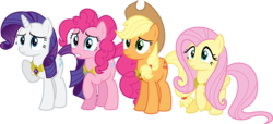 Size: 14066x6400 | Tagged: safe, artist:parclytaxel, applejack, fluttershy, pinkie pie, rarity, g4, princess twilight sparkle (episode), .svg available, absurd resolution, element of generosity, element of honesty, element of kindness, element of laughter, elements of harmony, frown, gritted teeth, raised hoof, simple background, transparent background, varying degrees of want, vector, wide eyes, worried