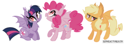 Size: 1200x429 | Tagged: safe, artist:adurot, artist:egophiliac, applejack, pinkie pie, twilight sparkle, bat pony, pony, g4, bedroom eyes, fangs, looking at you, looking up, race swap, raised hoof, raised leg, simple background, smiling, spread wings, transparent background