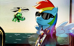Size: 1280x800 | Tagged: safe, artist:lightbulb, rainbow dash, tank, g4, boat, bokeh, clothes, i'm on a boat (the lonely island feat. t-pain), ocean, parody, scarf, sunglasses, the lonely island