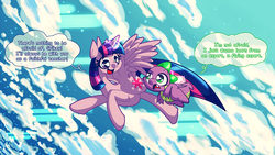 Size: 1600x900 | Tagged: safe, artist:panyang-panyang, spike, twilight sparkle, alicorn, pony, g4, artificial wings, augmented, cloud, cloudy, female, flying, flying lesson, frown, magic, magic wings, mare, raised eyebrow, sky, smiling, spread wings, twilight sparkle (alicorn), wings