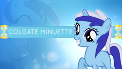 Size: 1920x1080 | Tagged: safe, artist:birthofthepheonix, artist:masem, artist:thegreatfrikken, edit, minuette, pony, unicorn, g4, braces, cutie mark, filly, smiling, vector, wallpaper, wallpaper edit