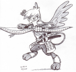 Size: 2512x2396 | Tagged: safe, artist:topgun308, gilda, griffon, g4, armor, arrow, bow (weapon), bow and arrow, female, high res, katana, samurai, simple background, sketch, solo, spread wings, sword, traditional art, weapon, white background, wings