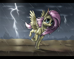 Size: 1280x1024 | Tagged: safe, artist:arceus55, fluttershy, g4, female, letterboxing, running, solo, thunderstorm