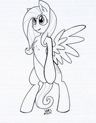 Size: 1024x1307 | Tagged: safe, artist:cyanyeh, fluttershy, pony, g4, bipedal, chest fluff, covering, female, monochrome, solo