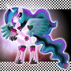 Size: 900x900 | Tagged: safe, artist:kawaii-desudesu, princess celestia, pony, g4, bipedal, clothes, female, goth, hair over one eye, heart, looking at you, ponymania, smiling, socks, solo, spread wings