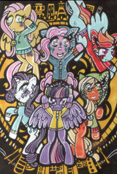 Size: 600x887 | Tagged: safe, artist:kawaii-desudesu, applejack, fluttershy, pinkie pie, rainbow dash, rarity, twilight sparkle, alicorn, pony, g4, female, mane six, mare, twilight sparkle (alicorn)