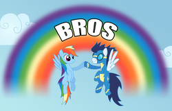 Size: 1063x690 | Tagged: safe, artist:roosterteeth, rainbow dash, soarin', pegasus, pony, g4, clothes, day, female, flying, hoofbump, male, mare, rainbow, sky, smiling, uniform, wonderbolts uniform