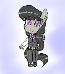 Size: 750x850 | Tagged: safe, artist:ichibangravity, octavia melody, earth pony, anthro, plantigrade anthro, g4, belt, belt buckle, bowtie, clothes, ear fluff, female, sandals, smiling, solo