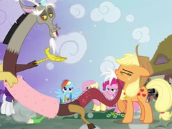 Size: 1024x768 | Tagged: safe, screencap, applejack, discord, fluttershy, pinkie pie, rainbow dash, rarity, draconequus, earth pony, pegasus, pony, g4, princess twilight sparkle (episode), angry, cropped, female, male, mare, nose wrinkle, remane five, scrunchy face, towel