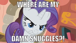 Size: 1280x720 | Tagged: safe, rarity, g4, image macro, imma snuggle you, meme, snuggling