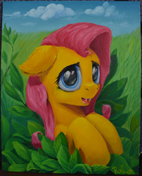 Size: 1500x1860 | Tagged: safe, artist:rallerae, fluttershy, g4, fangs, female, oil painting, painting, redraw, solo, traditional art