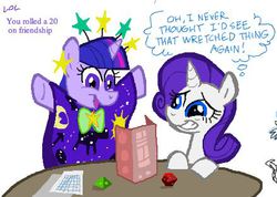 Size: 439x312 | Tagged: safe, rarity, twilight sparkle, g4, clothes, dice, dress, roleplaying