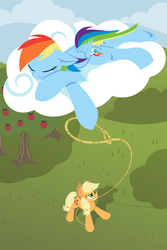 Size: 1280x1920 | Tagged: safe, artist:hoverrover, applejack, rainbow dash, earth pony, pegasus, pony, g4, apple tree, applejack's hat, cloud, cloudy, cowboy hat, eyes closed, female, floppy ears, glare, gritted teeth, hat, hooves, lasso, lineless, looking up, lying down, lying on a cloud, mare, mouth hold, on a cloud, prone, rope, sleeping, standing, tree, wings