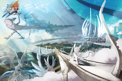 Size: 1200x800 | Tagged: safe, artist:xennos, oc, oc only, dragon, trinity: rebirth, airship, alternate universe, citizen, city, detailed, fanfic art, fantasy class, future, road, scenery, trinity