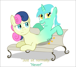 Size: 914x809 | Tagged: safe, artist:ultrathehedgetoaster, bon bon, lyra heartstrings, sweetie drops, earth pony, pony, unicorn, g4, bench, bon bon is not amused, conjoined, cramp, crying, dialogue, duo, fusion, grin, gritted teeth, hedgetoaster hybrid, hilarious in hindsight, lyrabon (fusion), pushmi-pullyu, simple background, smiling, tears of pain, we have become one, what has science done, white background, wide eyes