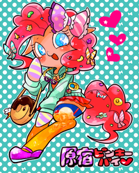 Size: 572x716 | Tagged: safe, artist:29axa, pinkie pie, earth pony, pony, g4, bow, candy, clothes, cute, decora, diapinkes, female, food, hair accessory, hair bow, harajuku, heart, no pupils, polka dot background, purse, skirt, socks, solo, starry eyes, thigh highs, wingding eyes, zettai ryouiki