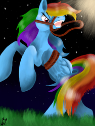 Size: 512x680 | Tagged: safe, artist:hershy-kisses, rainbow dash, g4, bound wings, bridle, female, grass, rope, solo, stars