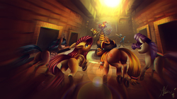 Size: 8000x4493 | Tagged: safe, artist:alumx, ahuizotl, applejack, fluttershy, pinkie pie, rarity, twilight sparkle, alicorn, pony, daring don't, g4, absurd resolution, action pose, butt, female, mare, plot, scene interpretation, tribal pony, twilight sparkle (alicorn)