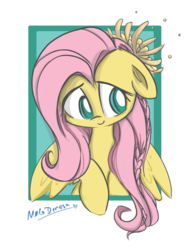 Size: 1216x1622 | Tagged: safe, artist:melodenesa, fluttershy, pegasus, pony, g4, female, floppy ears, flower in hair, looking away, portrait, simple background, smiling, solo, wings