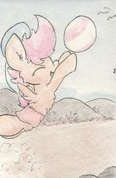 Size: 688x1053 | Tagged: safe, artist:slightlyshade, scootaloo, g4, ball, beach, beach ball, cute, cutealoo, female, implied rainbow dash, jumping, playing, solo, swimming trunks, traditional art