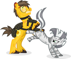 Size: 4136x3474 | Tagged: safe, artist:vector-brony, oc, oc only, oc:daff, oc:xenith, earth pony, pony, zebra, fallout equestria, bloodshot eyes, duo, eye bulging, fallout, fanfic, fanfic art, female, male, mare, simple background, stallion, transparent background, zebra oc