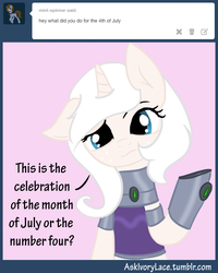 Size: 1600x2000 | Tagged: safe, artist:ivorylace, artist:katiespalace, oc, oc only, oc:ivory lace, pony, unicorn, ask ivory lace, 4th of july, ask, clothes, gloves, midriff, reference, solo, starfire, teen titans, tumblr