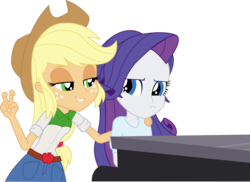 Size: 3442x2502 | Tagged: safe, artist:sketchmcreations, applejack, rarity, equestria girls, g4, my little pony equestria girls: rainbow rocks, clothes, cowboy hat, denim skirt, freckles, hat, high res, implying, inkscape, simple background, skirt, stetson, transparent background, vector