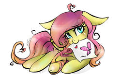 Size: 1519x982 | Tagged: safe, artist:wilvarin-liadon, fluttershy, g4, drawing, female, floppy ears, folded wings, looking at you, lying, lying down, mouth hold, simple background, solo, white background