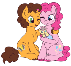 Size: 500x462 | Tagged: safe, artist:lulubell, cheese sandwich, pinkie pie, oc, oc:party popper, pony, g4, baby, baby pony, cute, family, female, heartwarming in hindsight, male, next generation, offspring, parent:cheese sandwich, parent:pinkie pie, parents:cheesepie, ship:cheesepie, shipping, simple background, straight, transparent background, unshorn fetlocks