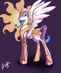 Size: 1200x1433 | Tagged: safe, artist:dragk, princess celestia, alicorn, pony, g4, armor, bedroom eyes, blushing, female, looking at you, mare, smiling, solo, spread wings