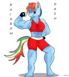 Size: 2818x3179 | Tagged: safe, artist:furrymusclegrowthfan, rainbow dash, anthro, g4, abs, challenge, clothes, fetish, fit, flexing, gloves, high res, muscle fetish, muscles, rainbuff dash, running, slender, sparring, sports bra, sports shorts, teasing, thin