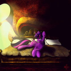 Size: 1500x1500 | Tagged: safe, artist:pedrohander, twilight sparkle, alicorn, pony, g4, bed, bedroom, colored, digital art, female, mare, prone, solo, twilight sparkle (alicorn)