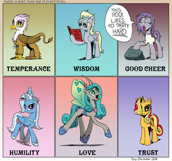Size: 1945x1817 | Tagged: safe, artist:pony-berserker, derpy hooves, gilda, maud pie, queen chrysalis, sunset shimmer, trixie, alicorn, changeling, changeling queen, earth pony, griffon, pegasus, pony, unicorn, comic:of kings and changelings, g4, idw, reflections, spoiler:comic, alternate mane six, andrew w.k., bizarro, bright eyes (mirror universe), dark mirror universe, elements of harmony, female, i can't believe it's not idw, mirror universe, princess of humility, pun, race swap, reversalis, trixiecorn