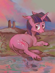 Size: 960x1280 | Tagged: safe, artist:spectralunicorn, twilight sparkle, classical unicorn, pony, unicorn, g4, chubby, female, floppy ears, horn, leonine tail, lying, mare, solo, unshorn fetlocks, water